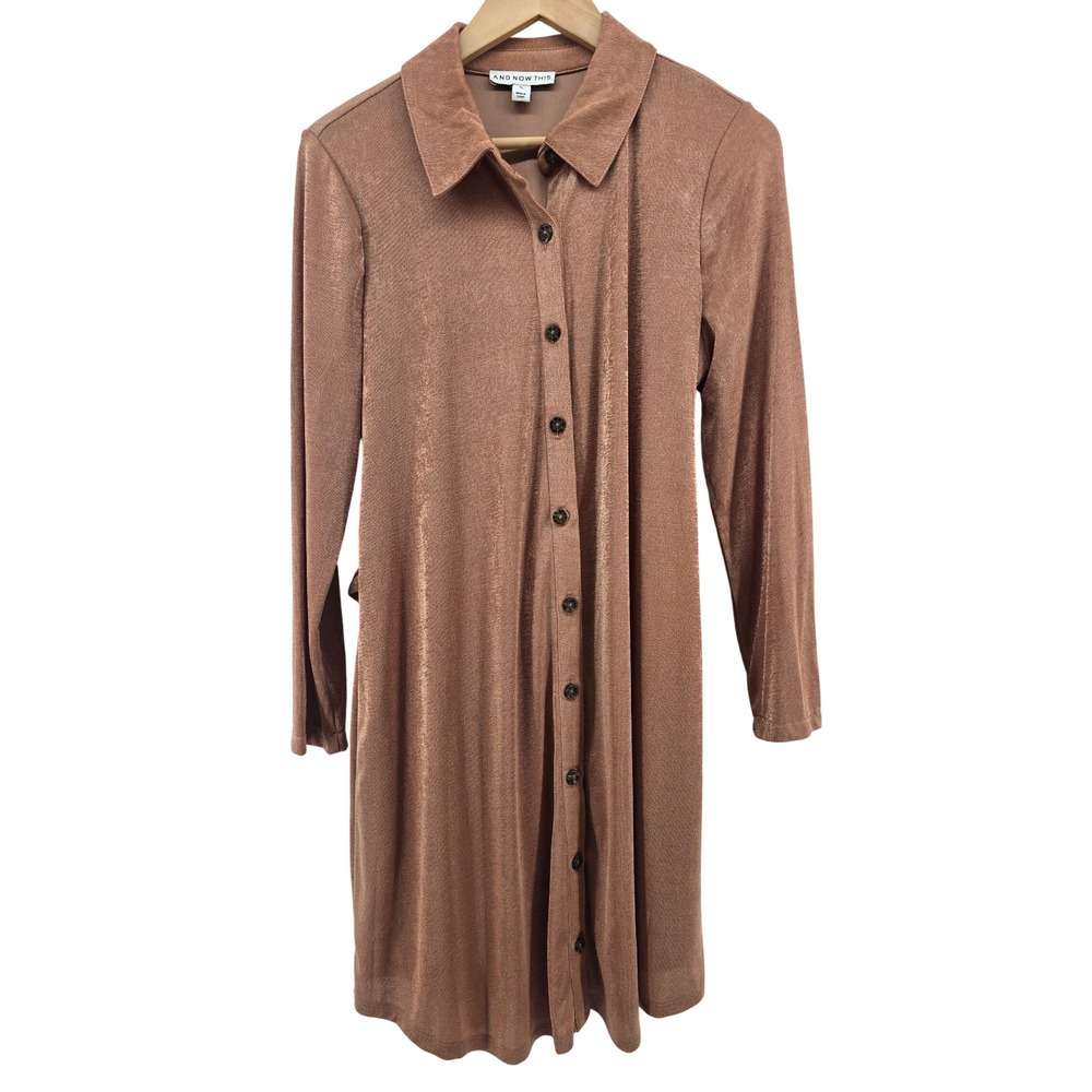 AND NOW THIS Shirt Dress Womens XL Copper Metallic Button Front‎ Tie Waist Mini